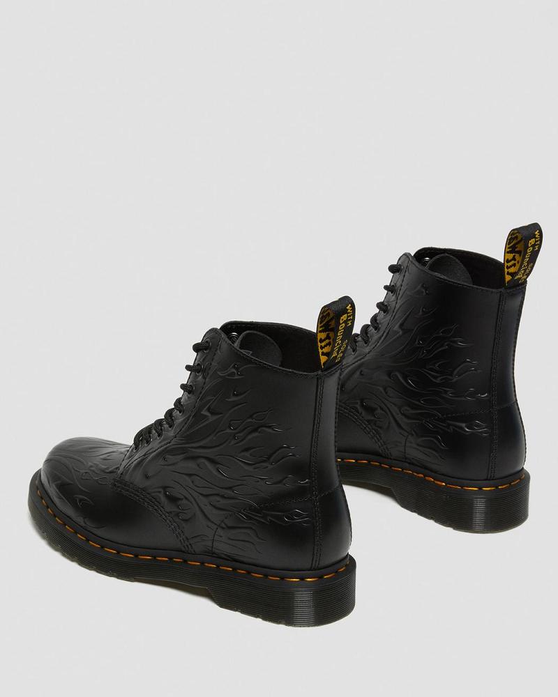 Black Women's Dr Martens 1460 Flames Emboss Leather Lace Up Boots | CA 160OKI